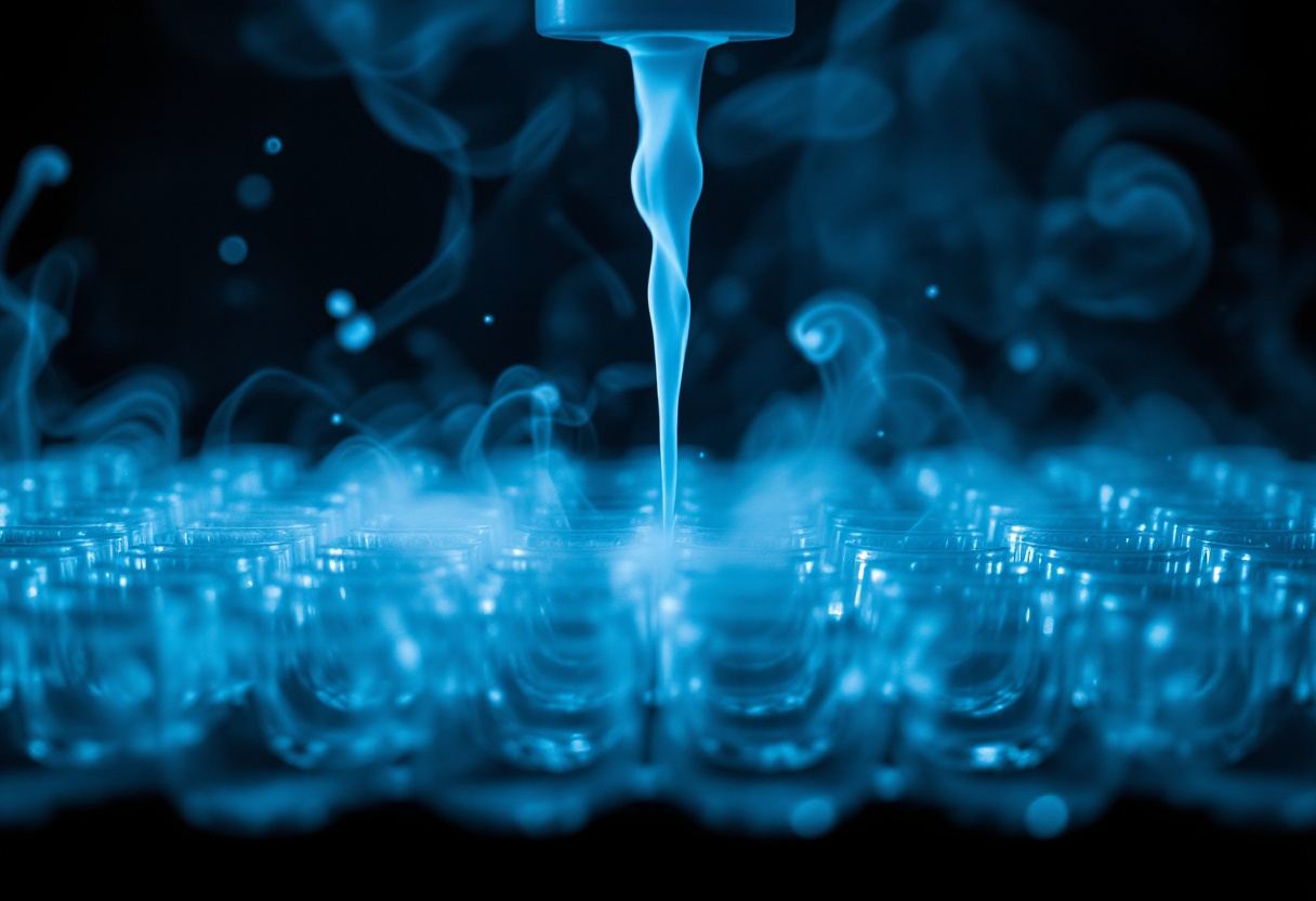 Cold vapour drifting across an ordered array of vessels in a dark field