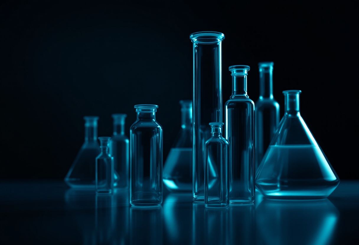 Cold laboratory glassware geometry lit from behind in a dark field