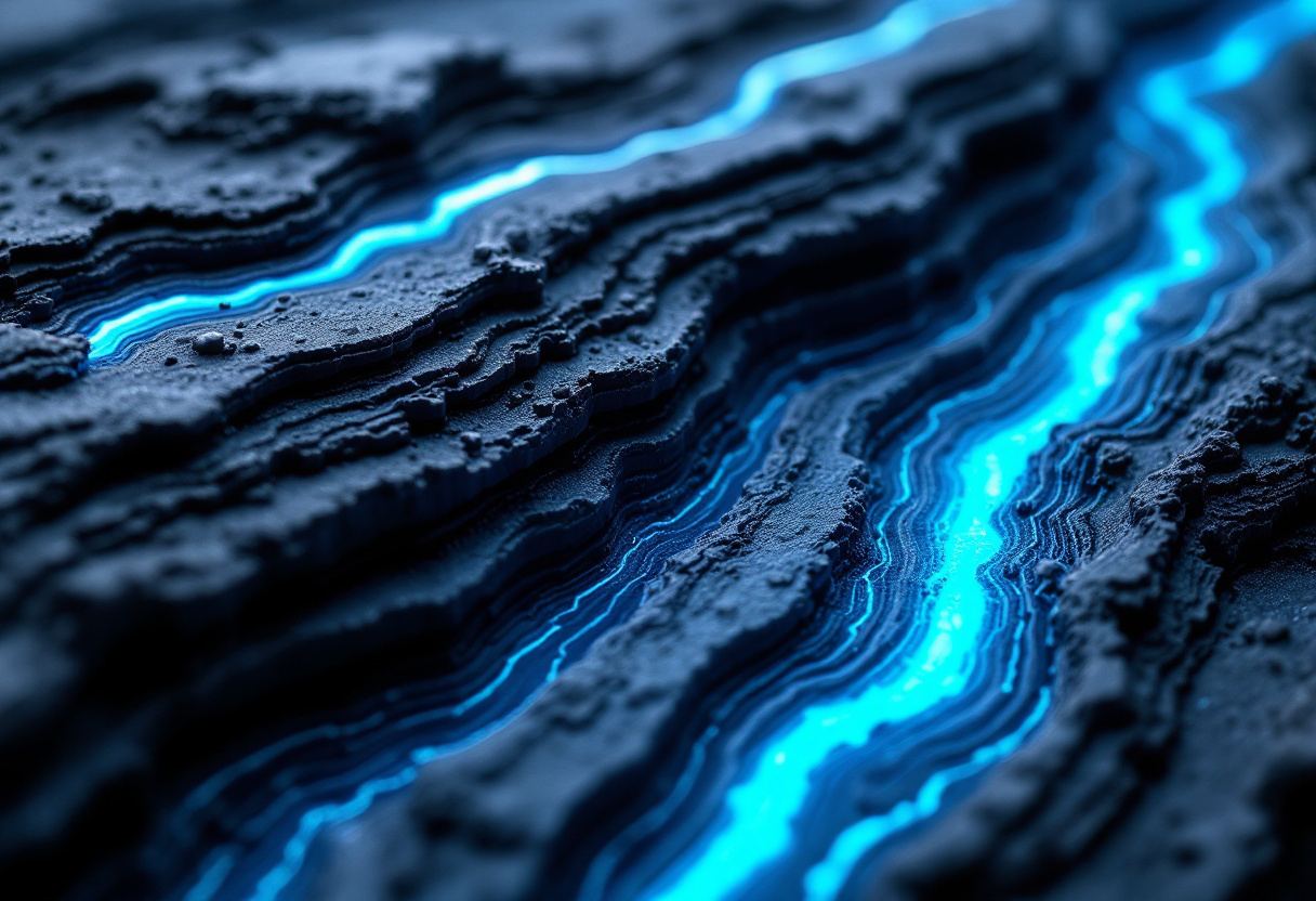 Layered mineral strata catching cold light in a dark field